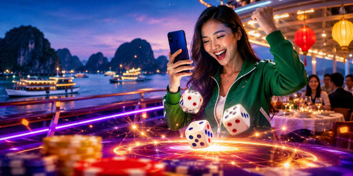 Xúc xắc tài xỉu neon trên nền vịnh Hạ Long về đêm